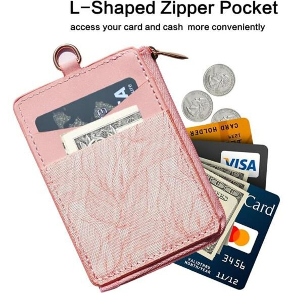 Slim leather card holder wallet with zipper pink minimalist credit card case - Picture 3 of 6